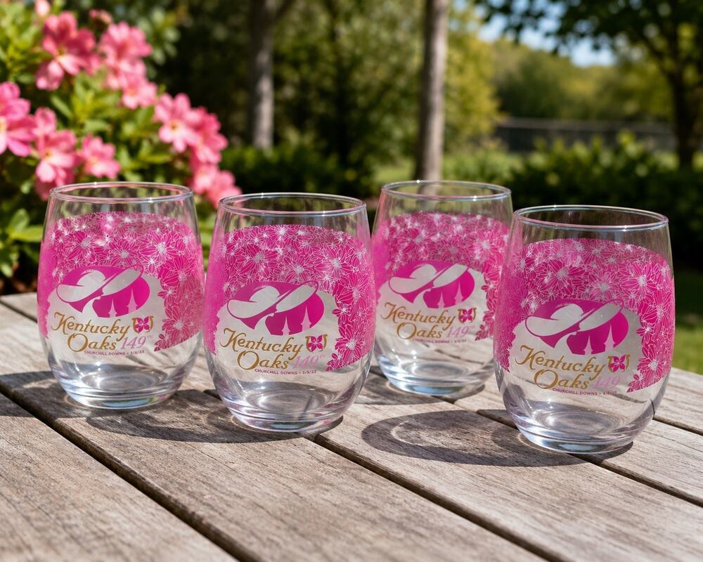Set of 4 Churchill Downs Kentucky Oaks 149 Stemless Glasses Pink Floral - 14oz
